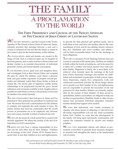 Free Printable The Family A Proclamation To The World
